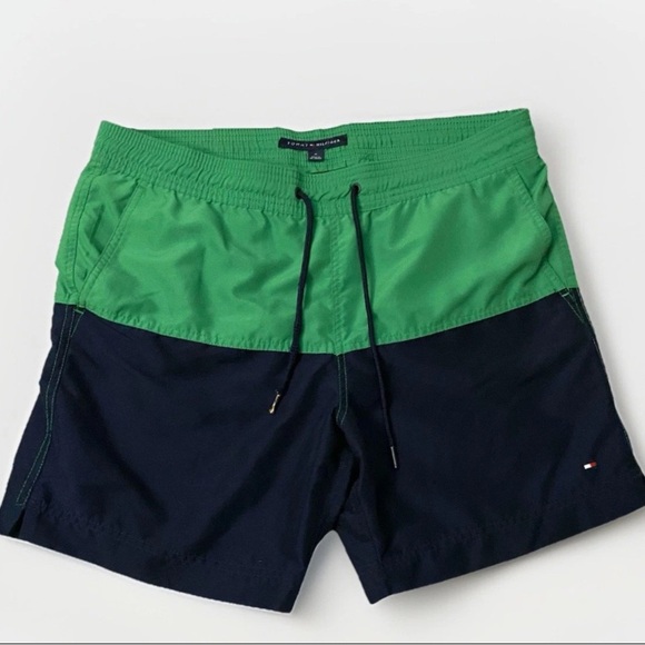 Tommy Hilfiger Green & Black Swim Trunks Sz M Drawstring Cargo Pockets Mesh - Picture 1 of 9